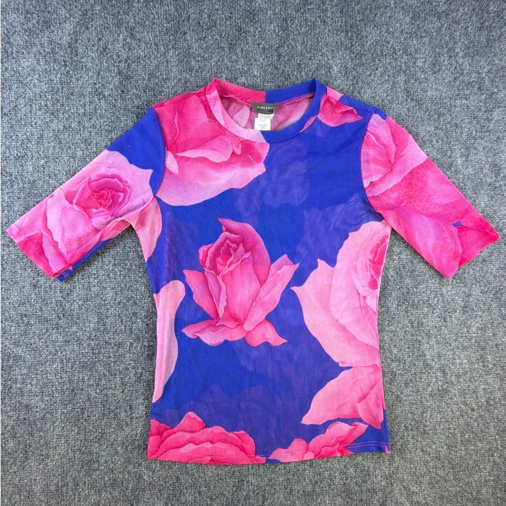 Floral Rose Print Mesh Sheer Top Sans Souci M Pink Blue